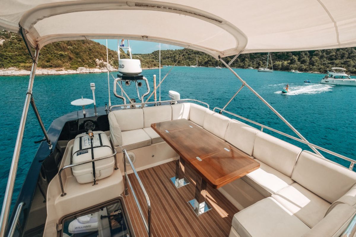 Deck of Blizzard, a Beneteau Monte Carlo 5 motorboat at Seget Donji, Croatia