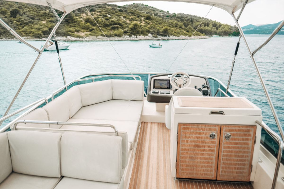 Deck of Blizzard, a Beneteau Monte Carlo 5 motorboat at Seget Donji, Croatia