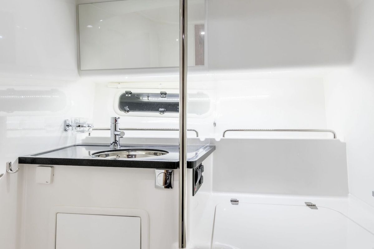 Head on Polluks, a Nimbus 305 Coupe motorboat at Pirovac, Croatia