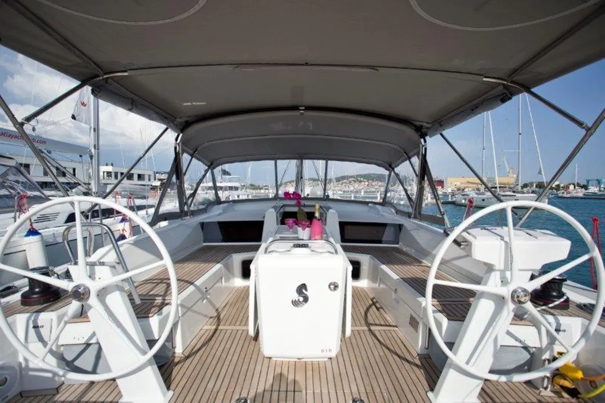 Cockpit of MYRDIA, a Beneteau Oceanis 51.1 sailboat at Athens, Greece