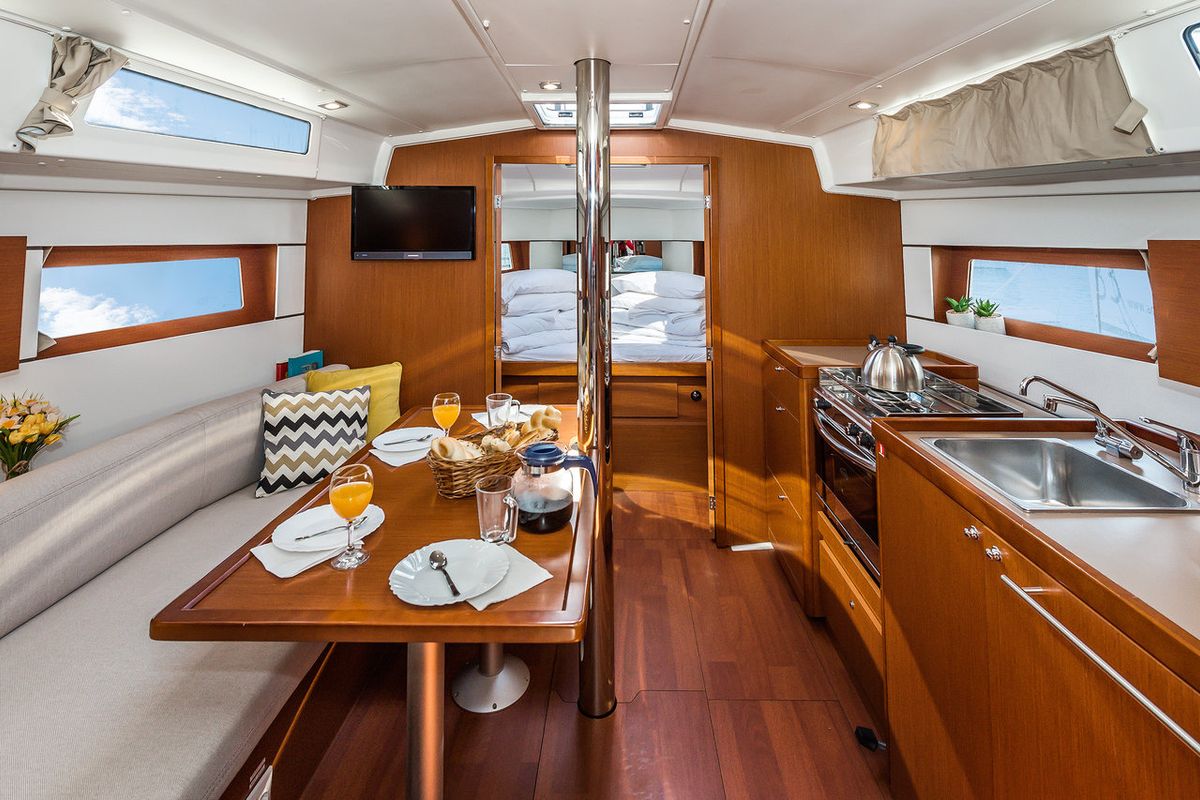 Salon of Gang of Four, a Beneteau Oceanis 38.1 sailboat at Grad Biograd na Moru, Croatia