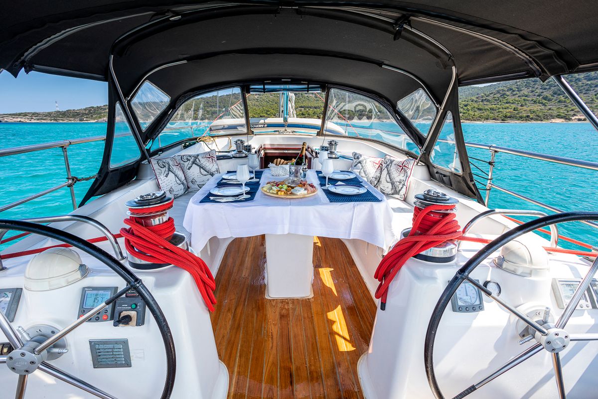 Cockpit of Sofia Star 1, a Ocean Star 51.2 sailboat at Marina Delta Kallithea, Greece