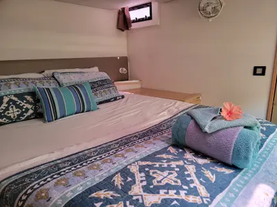 Cabin on Discover, a Fountaine Pajot Saba 50 Quintet catamaran at Belize City, Belize
