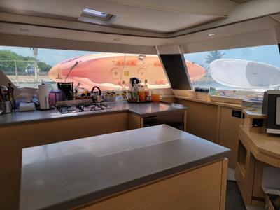 Galley of Discover, a Fountaine Pajot Saba 50 Quintet catamaran at Belize City, Belize