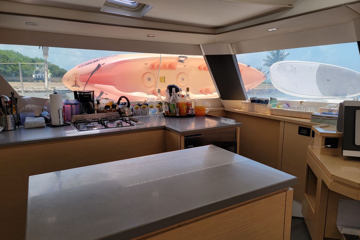 Galley of Discover, a Fountaine Pajot Saba 50 Quintet catamaran at Belize City, Belize
