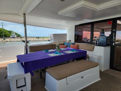 Deck of Discover, a Fountaine Pajot Saba 50 Quintet catamaran at Belize City, Belize