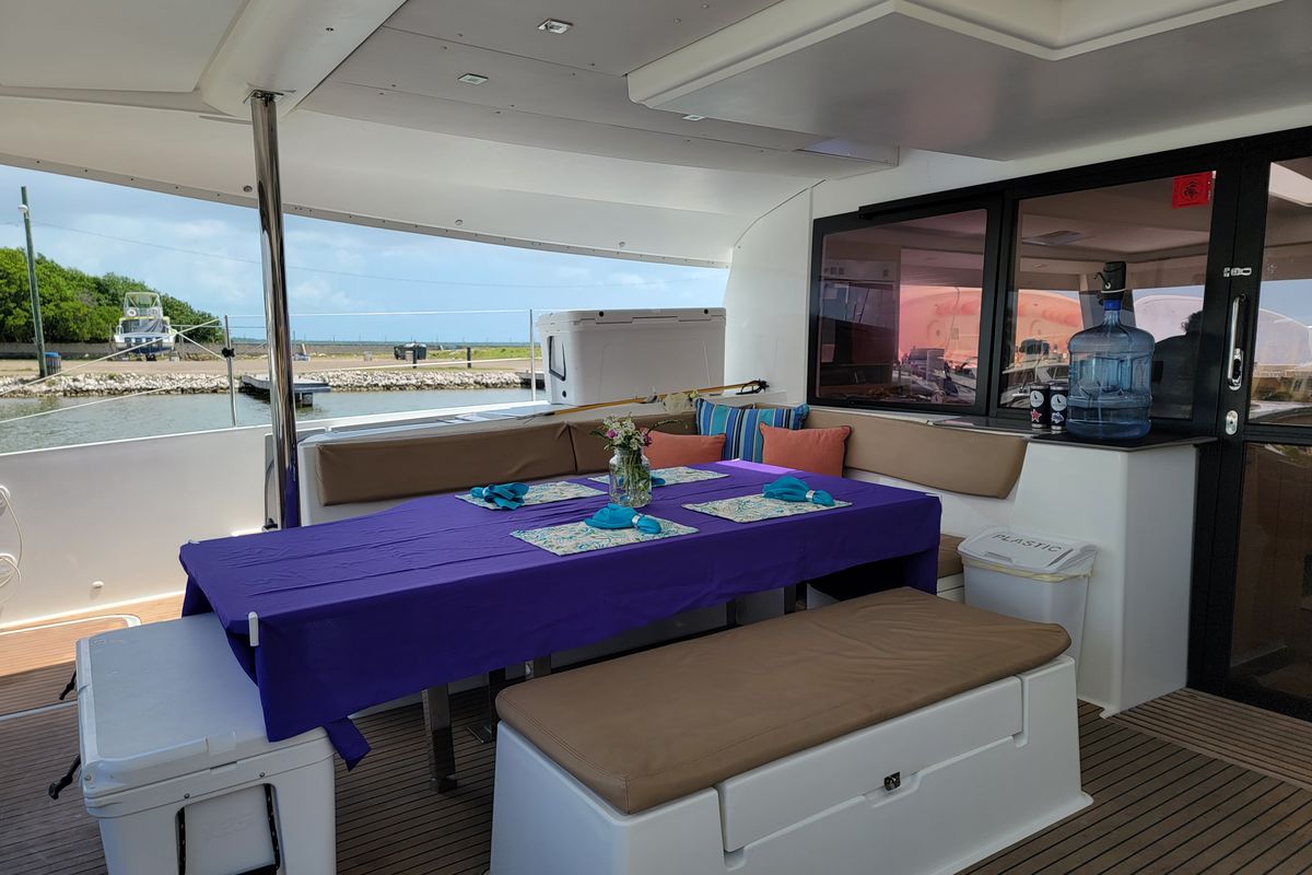 Deck of Discover, a Fountaine Pajot Saba 50 Quintet catamaran at Belize City, Belize