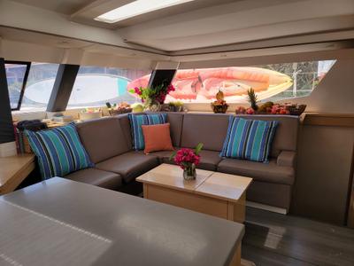 Salon of Discover, a Fountaine Pajot Saba 50 Quintet catamaran at Belize City, Belize