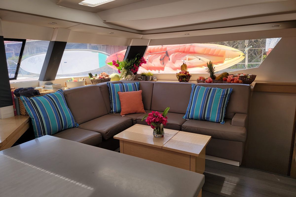 Salon of Discover, a Fountaine Pajot Saba 50 Quintet catamaran at Belize City, Belize