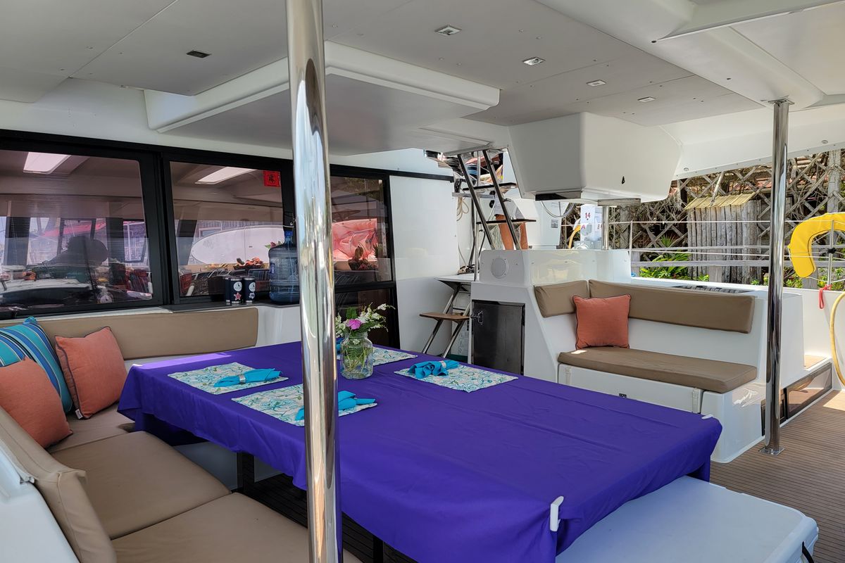 Deck of Discover, a Fountaine Pajot Saba 50 Quintet catamaran at Belize City, Belize