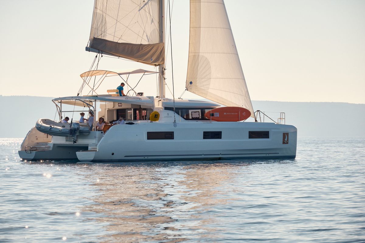 Exterior view of Aquarius, a Lagoon 46 catamaran at Grad Trogir, Croatia