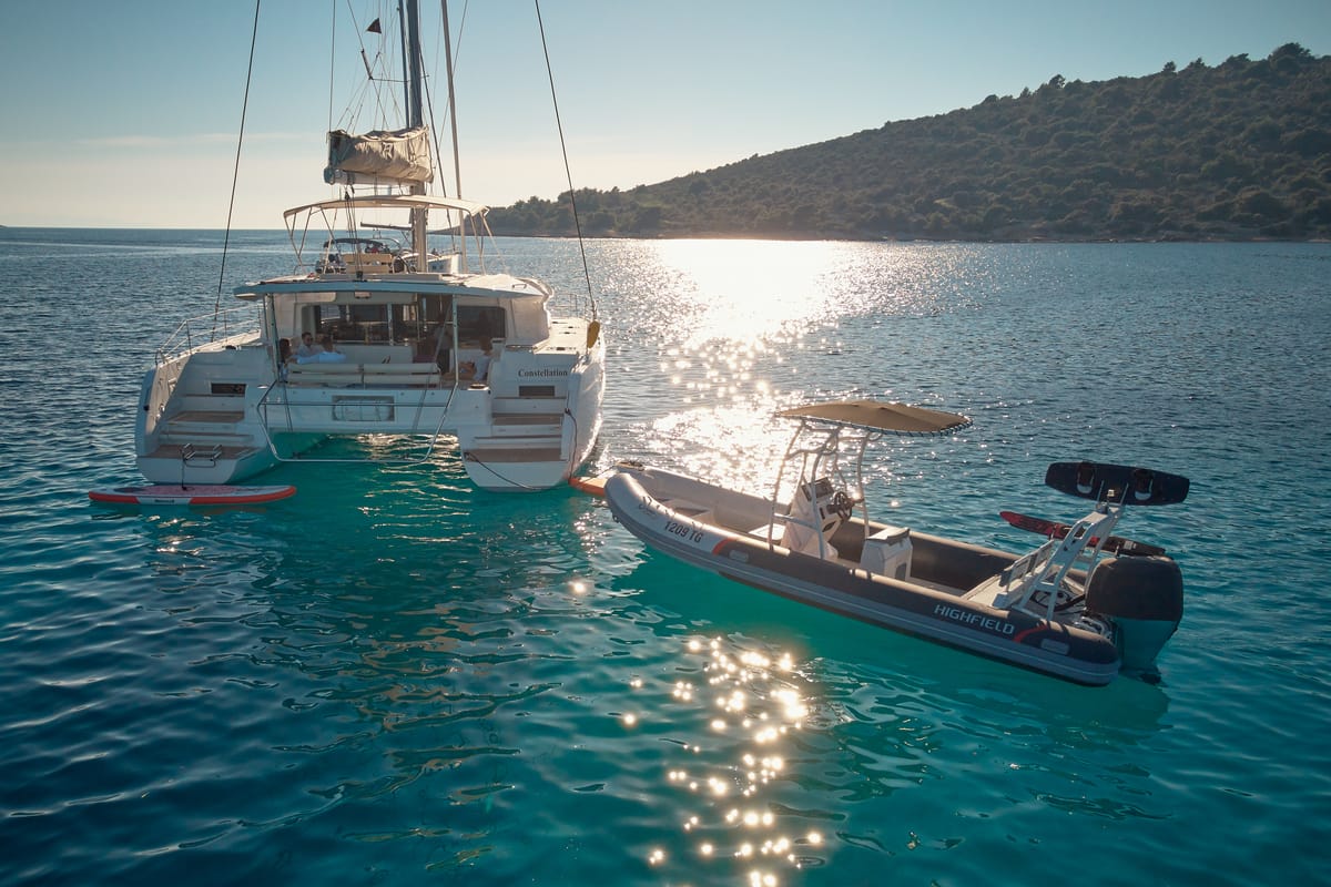 Exterior view of Aquarius, a Lagoon 46 catamaran at Grad Trogir, Croatia