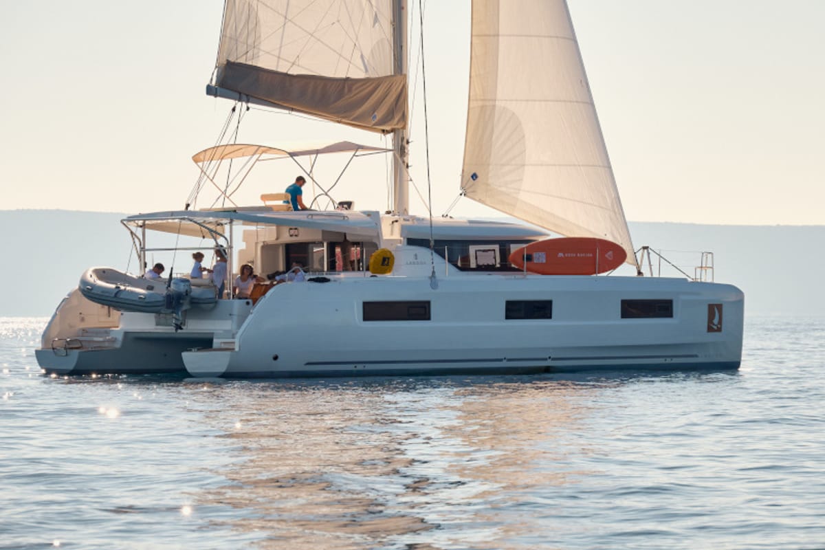 Exterior view of Aquarius, a Lagoon 46 catamaran at Grad Trogir, Croatia