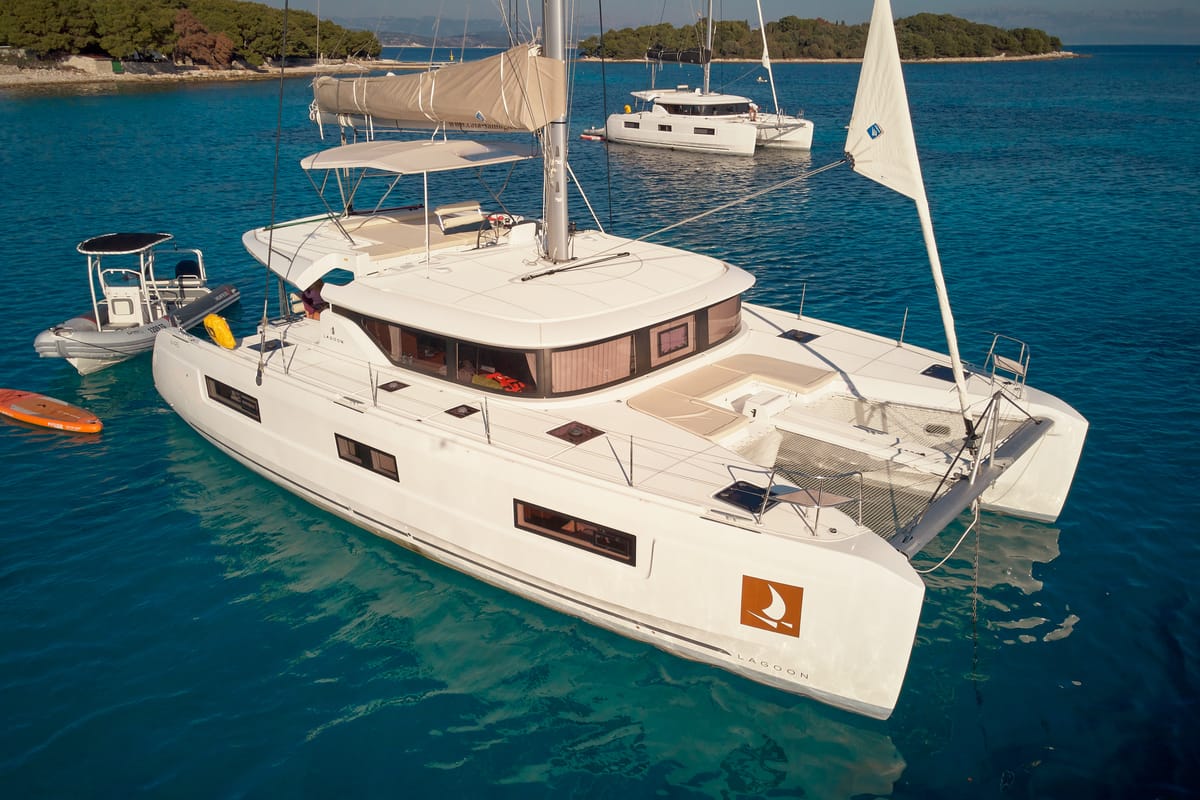 Exterior view of Aquarius, a Lagoon 46 catamaran at Grad Trogir, Croatia
