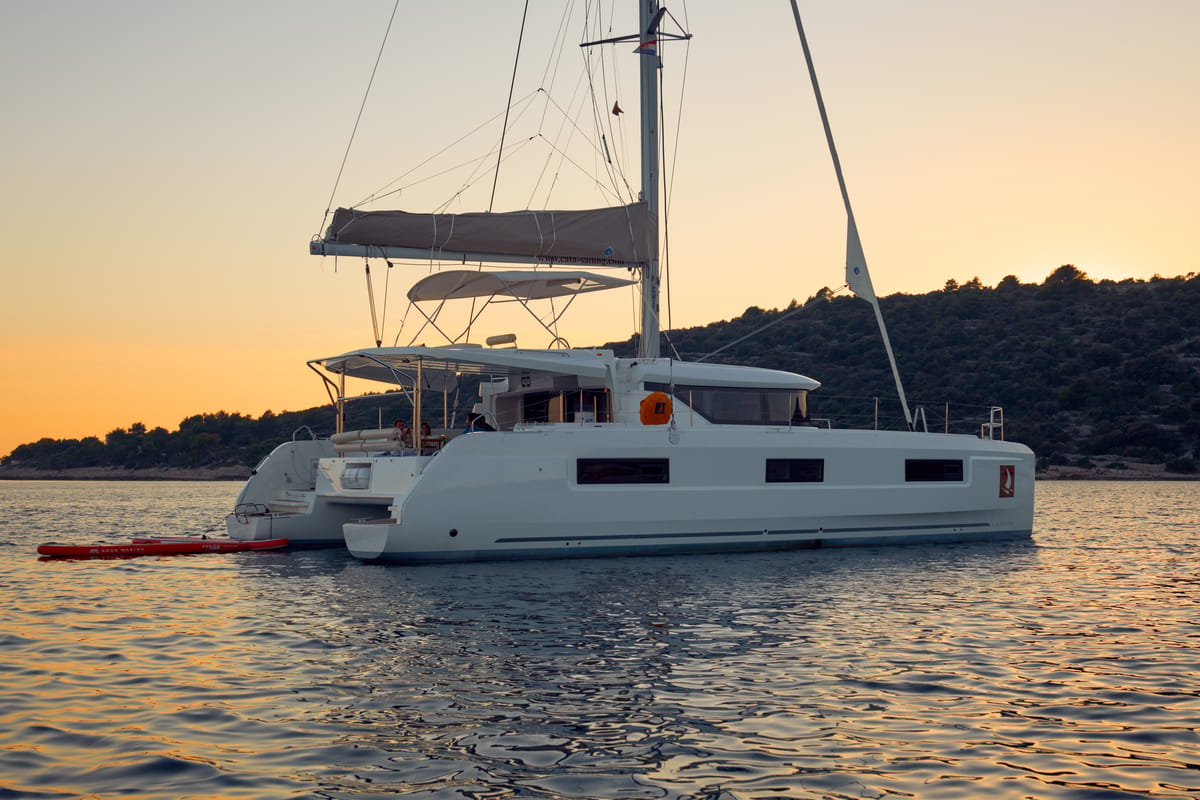 Exterior view of Aquarius, a Lagoon 46 catamaran at Grad Trogir, Croatia