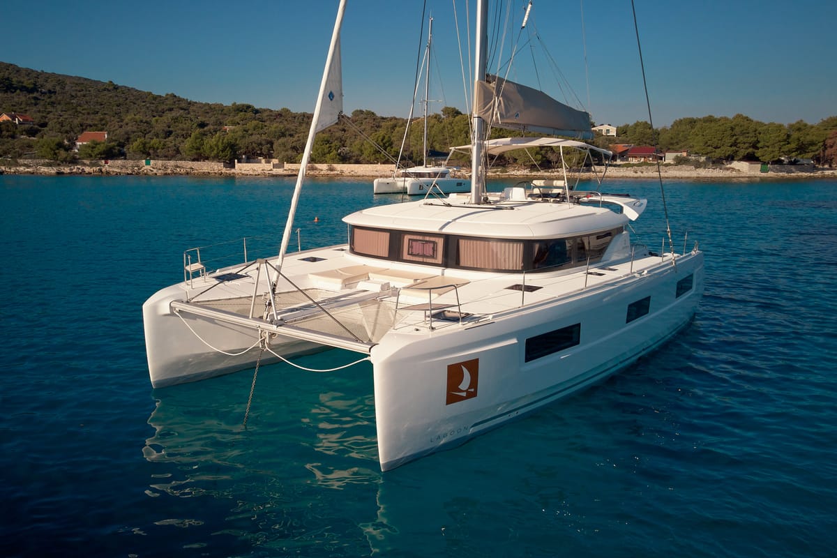 Exterior view of Aquarius, a Lagoon 46 catamaran at Grad Trogir, Croatia