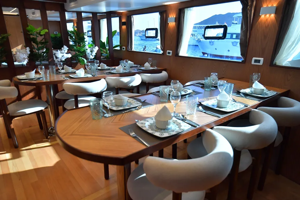 Salon of Luxury suite upper deck, a Gulet Luxury Motor Yacht motorboat at Sharm El Sheikh, Egypt