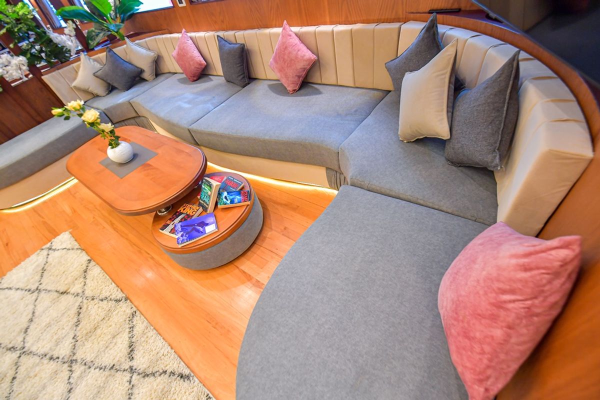 Salon of Luxury suite upper deck, a Gulet Luxury Motor Yacht motorboat at Sharm El Sheikh, Egypt