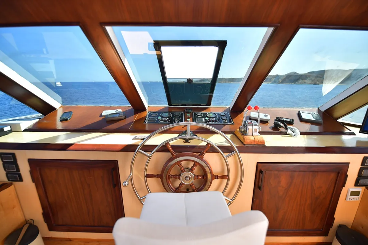 Cockpit of Luxury suite upper deck, a Gulet Luxury Motor Yacht motorboat at Sharm El Sheikh, Egypt