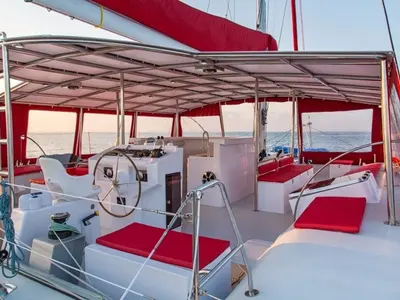 Cockpit of Poe Nui, a Gulet Ocean Voyager 53 catamaran at Papeete, France
