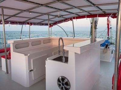 Deck of Poe Nui, a Gulet Ocean Voyager 53 catamaran at Papeete, France