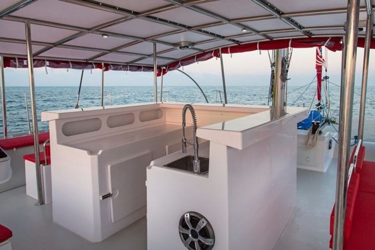 Deck of Poe Nui, a Gulet Ocean Voyager 53 catamaran at Papeete, France