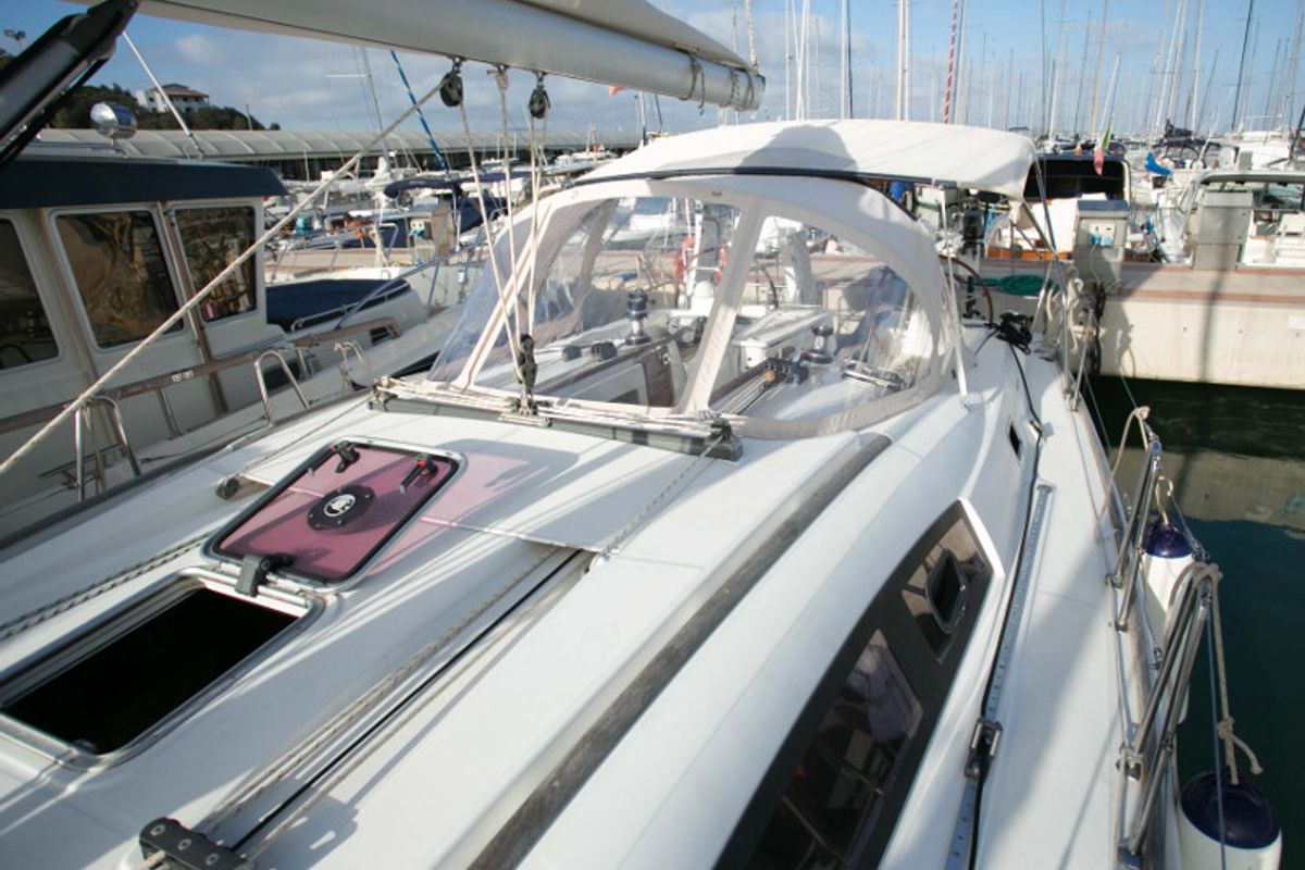 Deck of Orsa Maggiore, a Beneteau Oceanis 43 sailboat at Piombino, Italy
