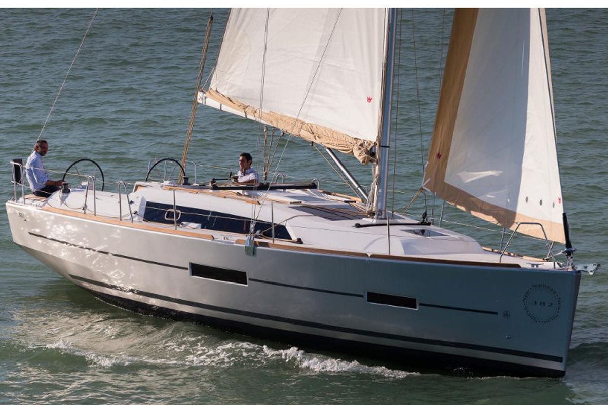 Exterior view of Sun 382, a Dufour 382 Grand Large sailboat at Athens, Greece