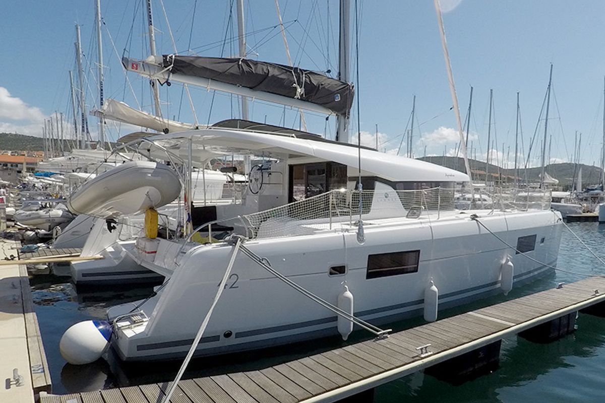 Exterior view of Aymeline, a Lagoon 42 catamaran at Grad Šibenik, Croatia