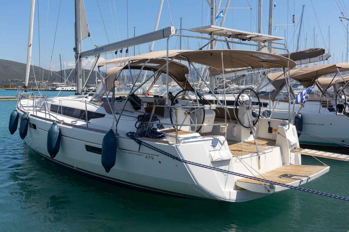 Deck of Sirius, a Jeanneau Sun Odyssey 479 sailboat at Municipal Unit of Lefkada, Greece
