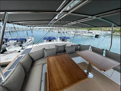 Deck of Arcturus, a Bali 5.4 catamaran at Seychelles, Eden Island Marina, Seychelles