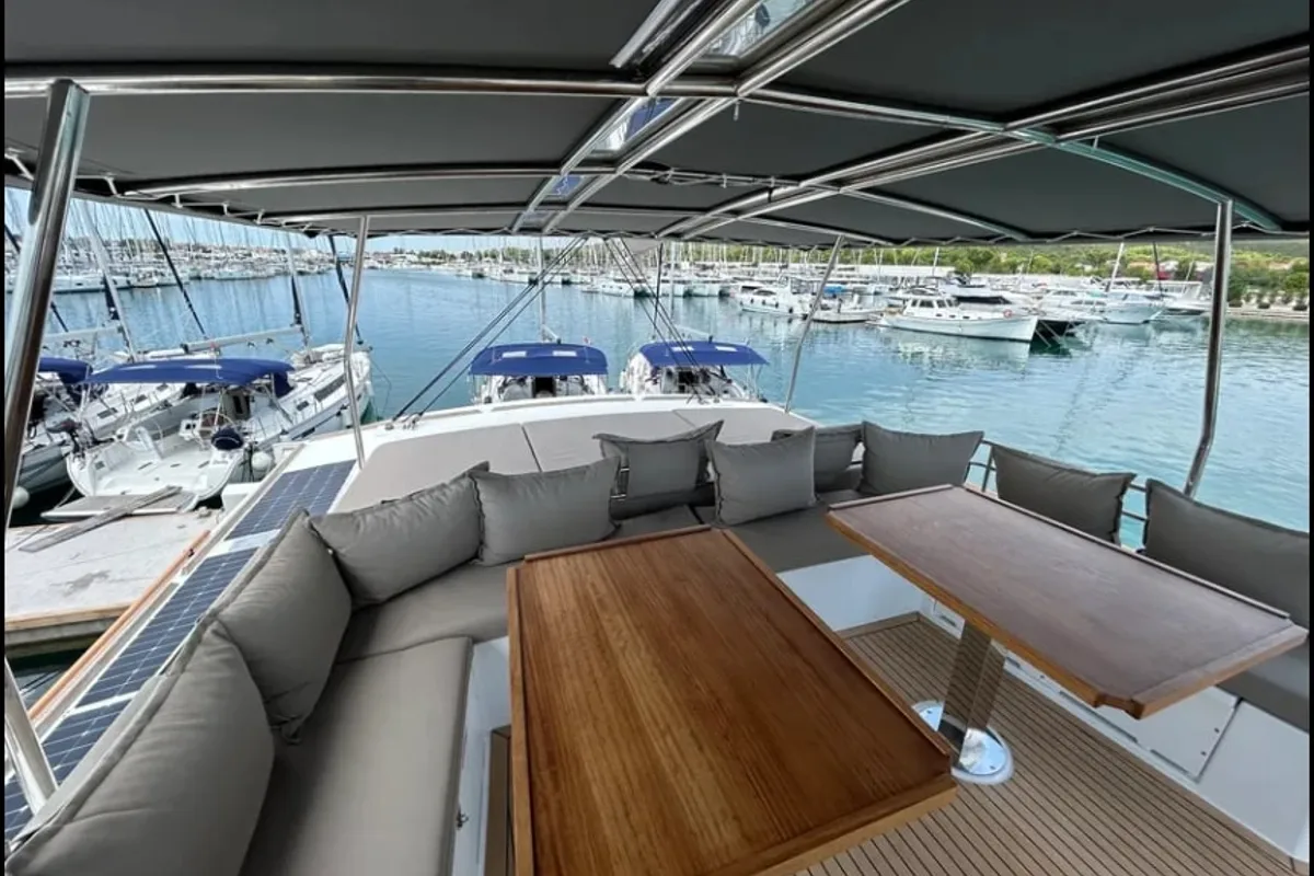 Deck of Arcturus, a Bali 5.4 catamaran at Seychelles, Eden Island Marina, Seychelles