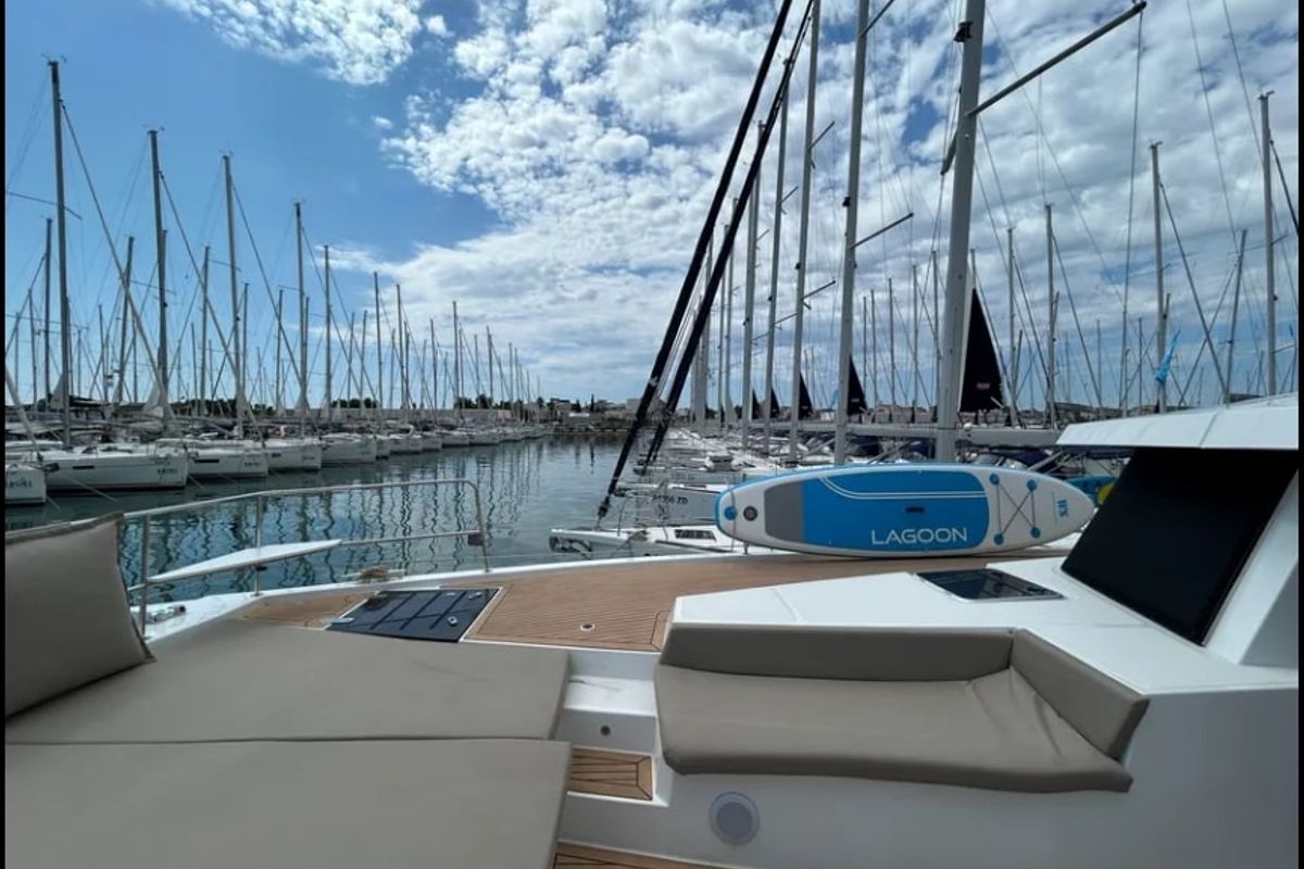 Deck of Arcturus, a Bali 5.4 catamaran at Seychelles, Eden Island Marina, Seychelles