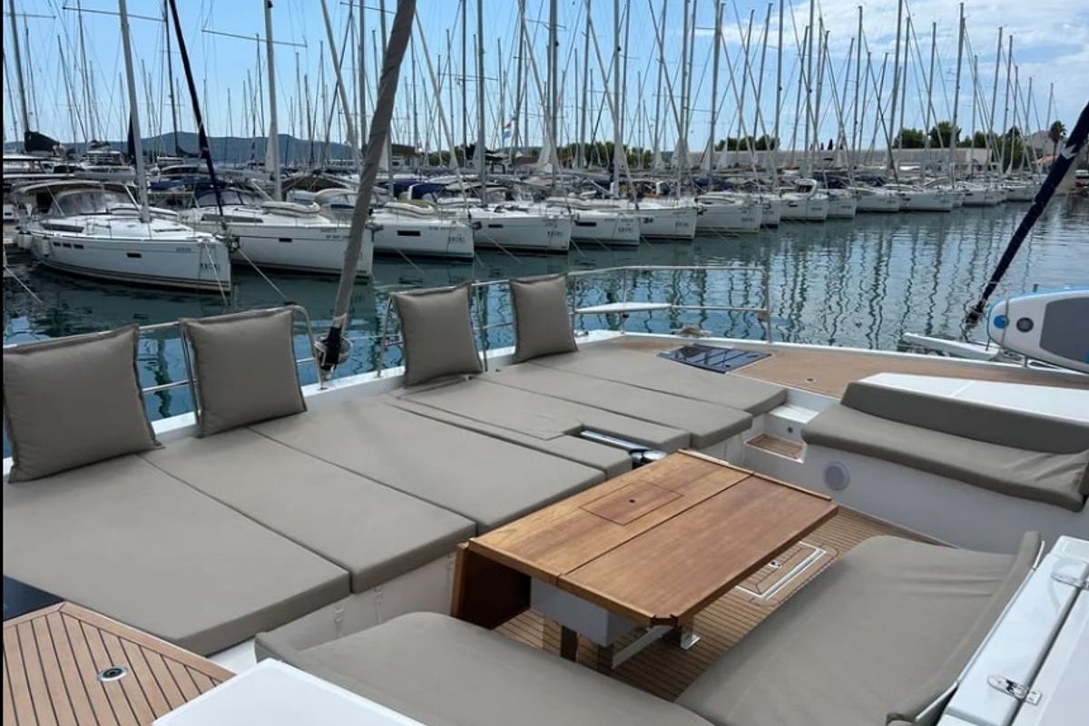 Deck of Arcturus, a Bali 5.4 catamaran at Seychelles, Eden Island Marina, Seychelles