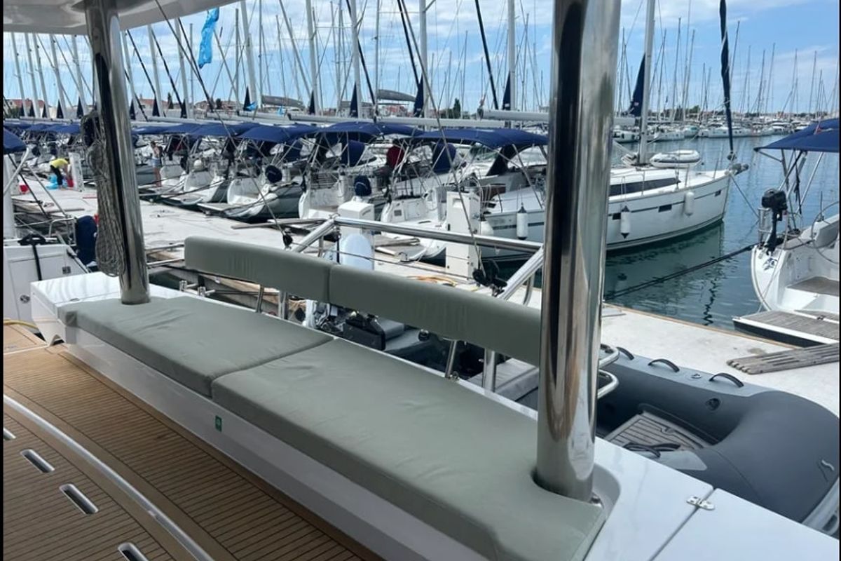 Deck of Arcturus, a Bali 5.4 catamaran at Seychelles, Eden Island Marina, Seychelles