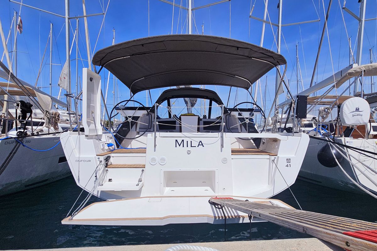 Exterior view of Mila, a Dufour 41 sailboat at Općina Rogoznica, Croatia