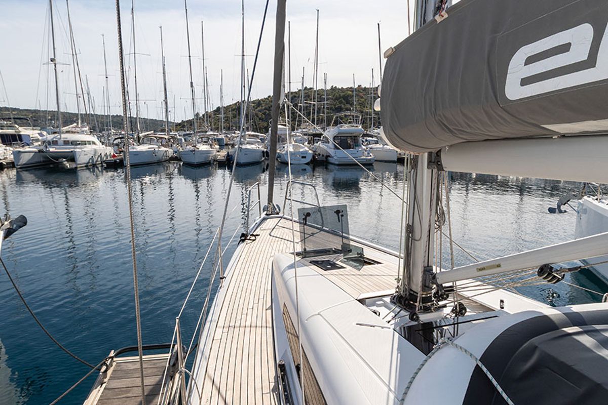 Deck of Lina, a Elan E5 sailboat at Primošten, Croatia