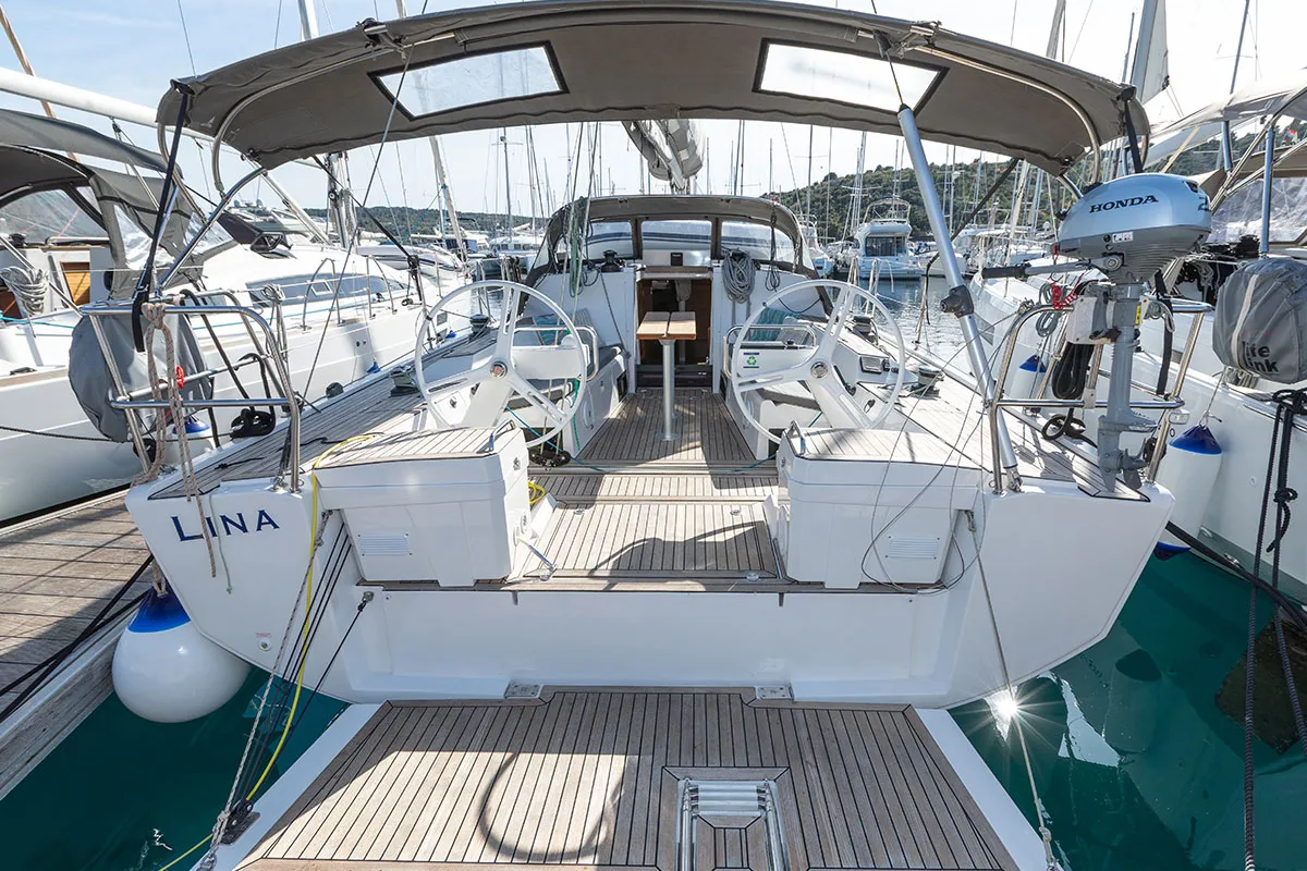 Deck of Lina, a Elan E5 sailboat at Primošten, Croatia