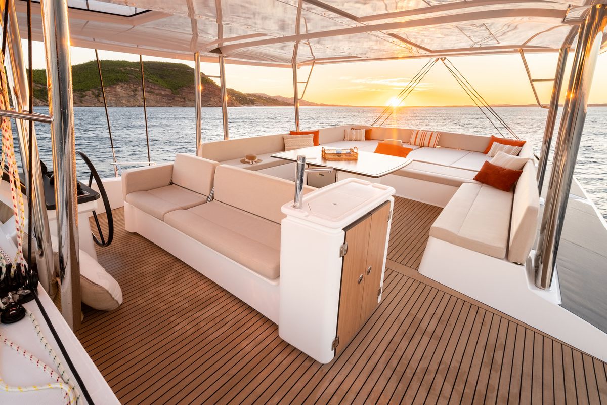 Deck of Marea III, a Bali 5.8 catamaran at Grad Kaštela, Croatia
