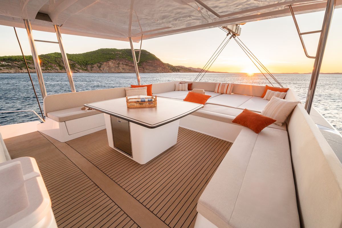 Deck of Marea III, a Bali 5.8 catamaran at Grad Kaštela, Croatia