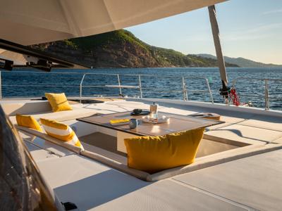 Deck of Marea III, a Bali 5.8 catamaran at Grad Kaštela, Croatia