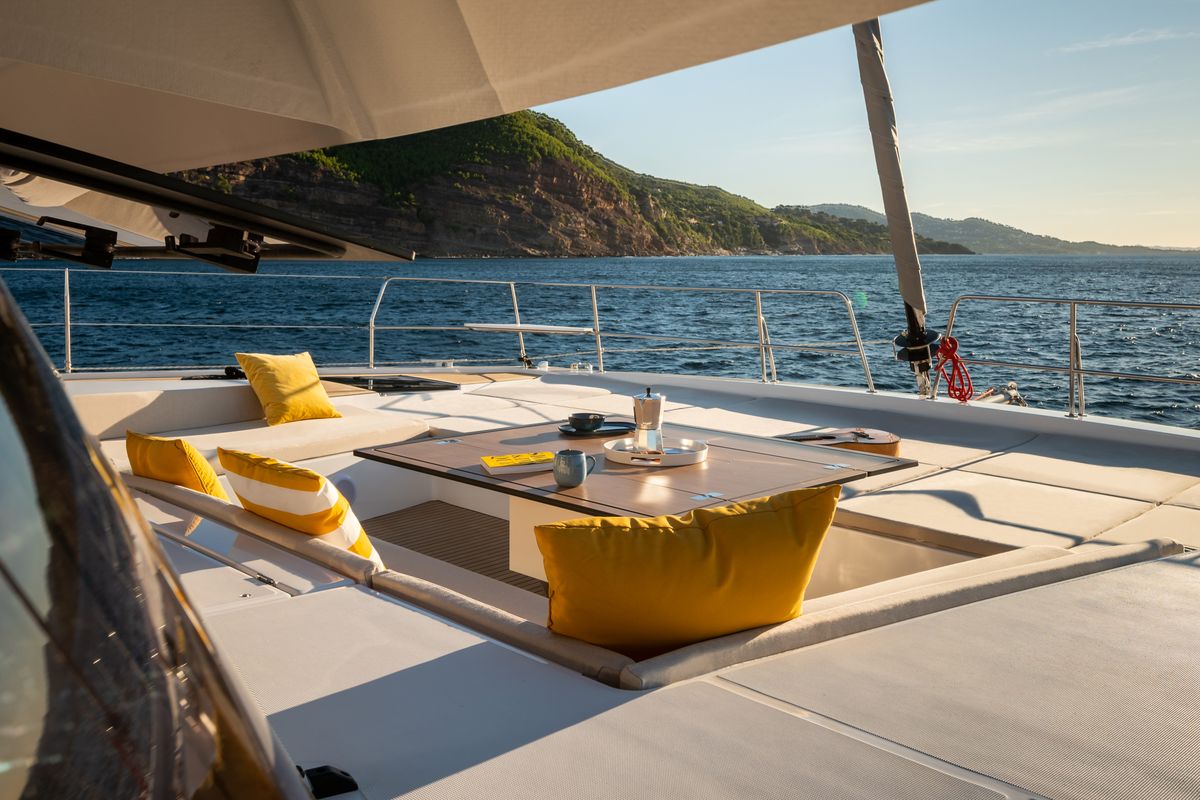 Deck of Marea III, a Bali 5.8 catamaran at Grad Kaštela, Croatia
