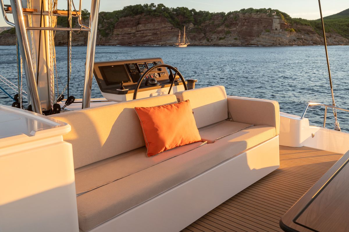 Deck of Marea III, a Bali 5.8 catamaran at Grad Kaštela, Croatia