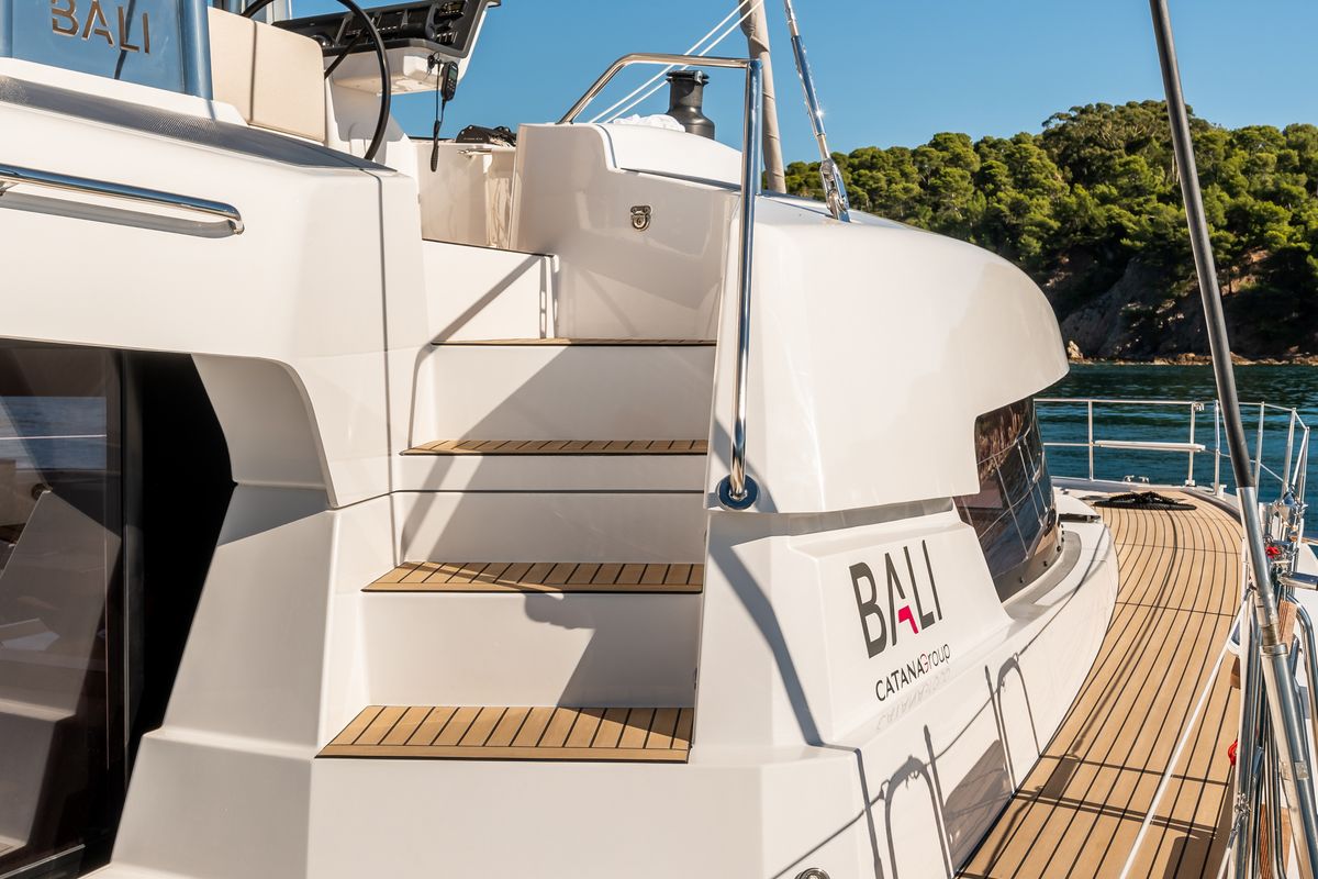 Deck of Marea III, a Bali 5.8 catamaran at Grad Kaštela, Croatia