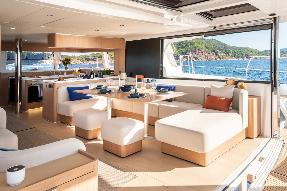 Salon of Marea III, a Bali 5.8 catamaran at Grad Kaštela, Croatia