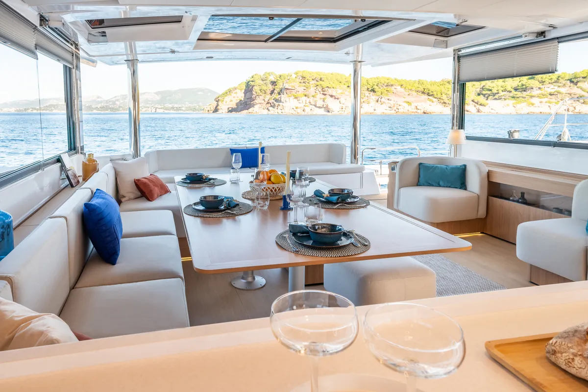 Salon of Marea III, a Bali 5.8 catamaran at Grad Kaštela, Croatia