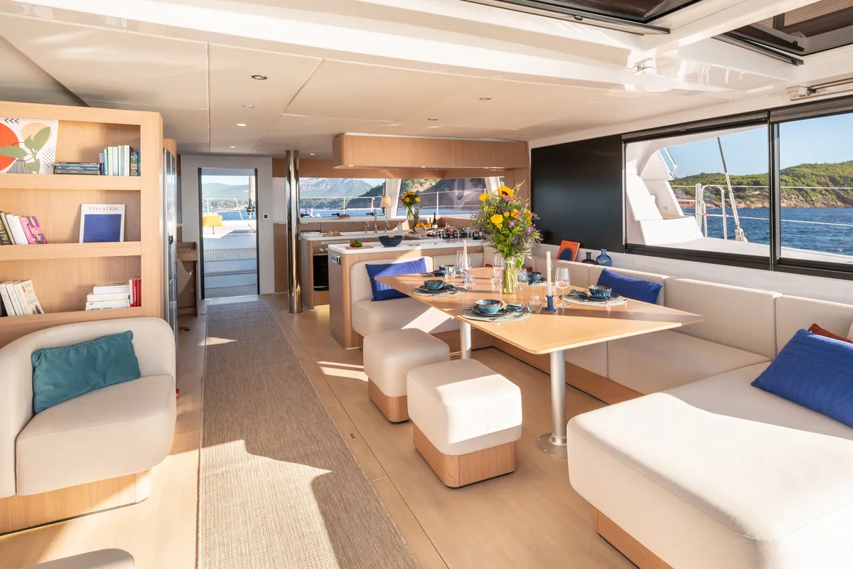 Salon of Marea III, a Bali 5.8 catamaran at Grad Kaštela, Croatia