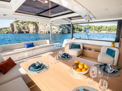 Salon of Marea III, a Bali 5.8 catamaran at Grad Kaštela, Croatia