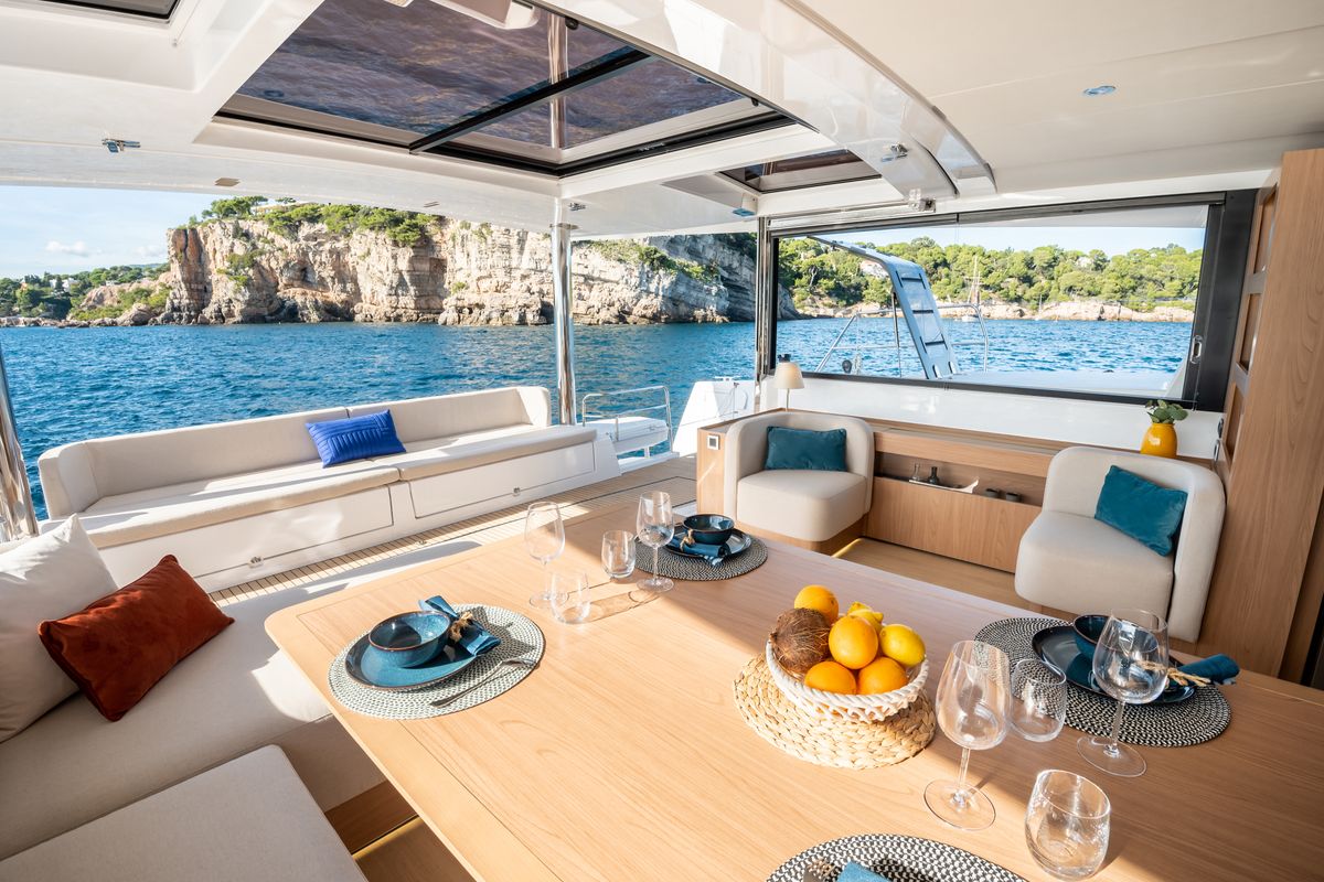 Salon of Marea III, a Bali 5.8 catamaran at Grad Kaštela, Croatia