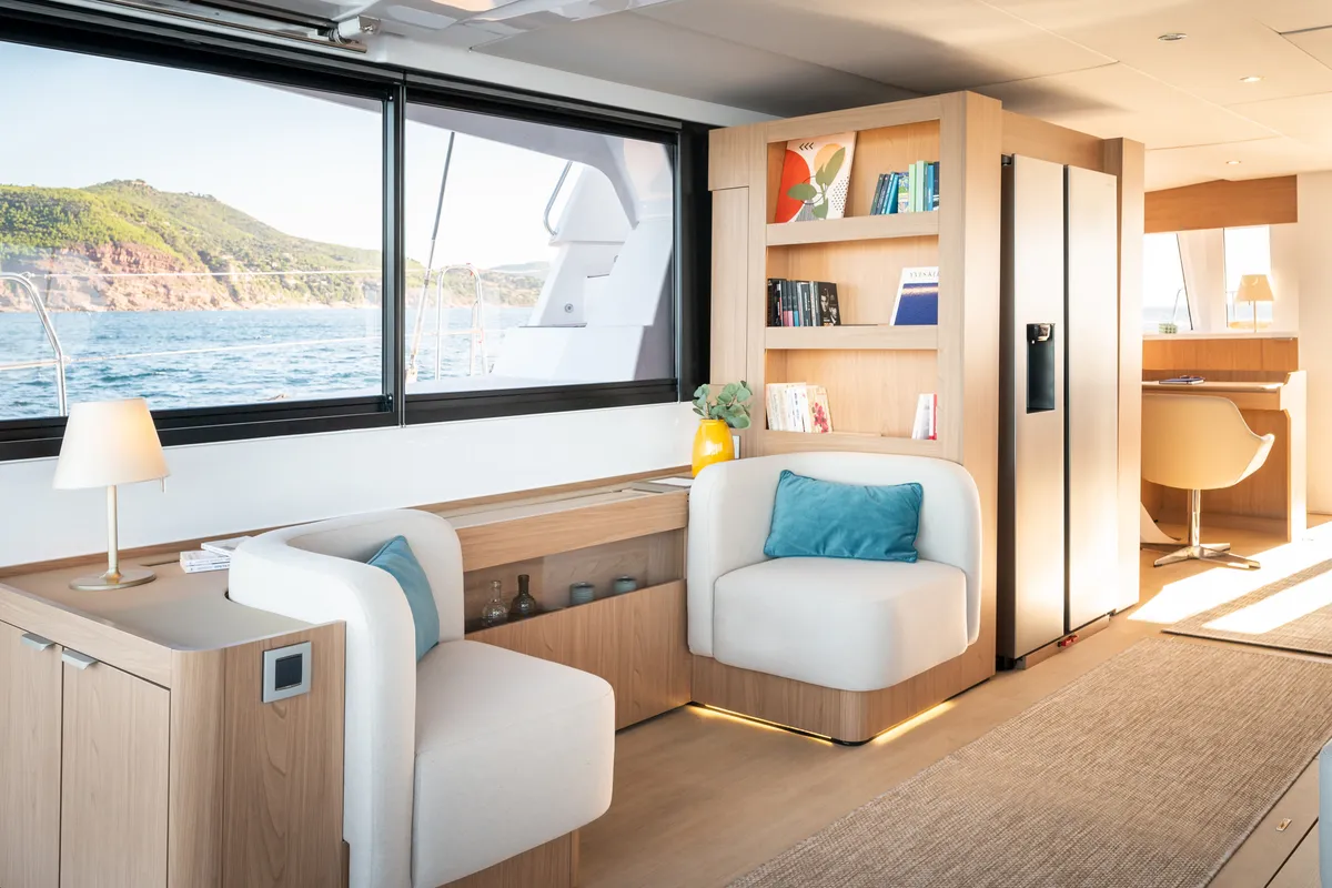 Salon of Marea III, a Bali 5.8 catamaran at Grad Kaštela, Croatia